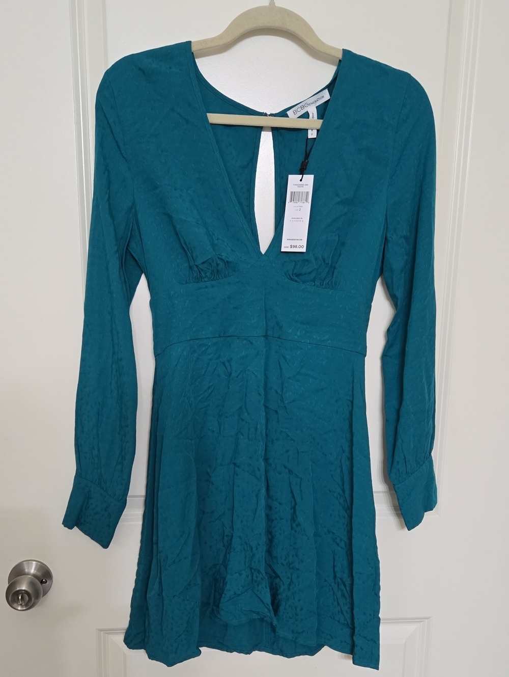 BCBG Teal Long-Sleeve V-Neck Dress